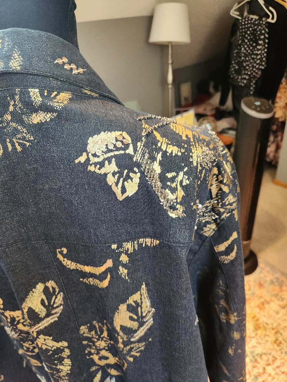 Chico's Navy Denim Jacket with Gold Floral Print XL Like New - Picture 11 of 11